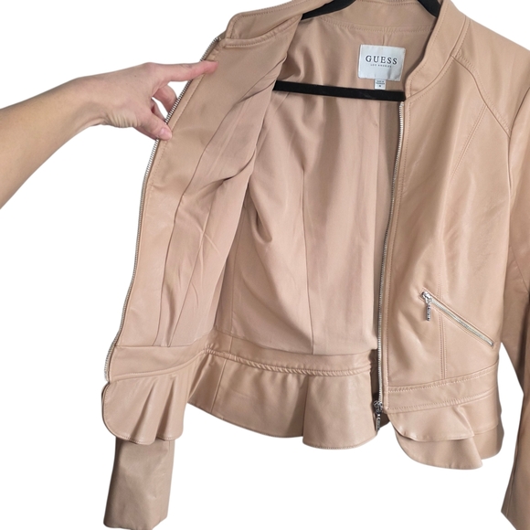 Guess Los Angeles Faux Leather Moto Jacket Womens M Tan Ruffle Hem Zip Front - Picture 6 of 11